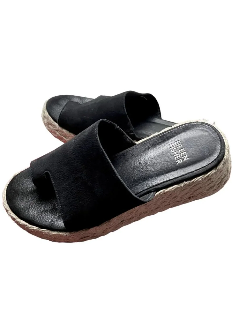 Eileen Fisher Black Tarry Toe Loop Espadrilles Wedge Slide Sandals Women’s 6